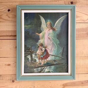 VTG Guardian Angel With Children On Bridge 1990s Framed Print Religious Painting
